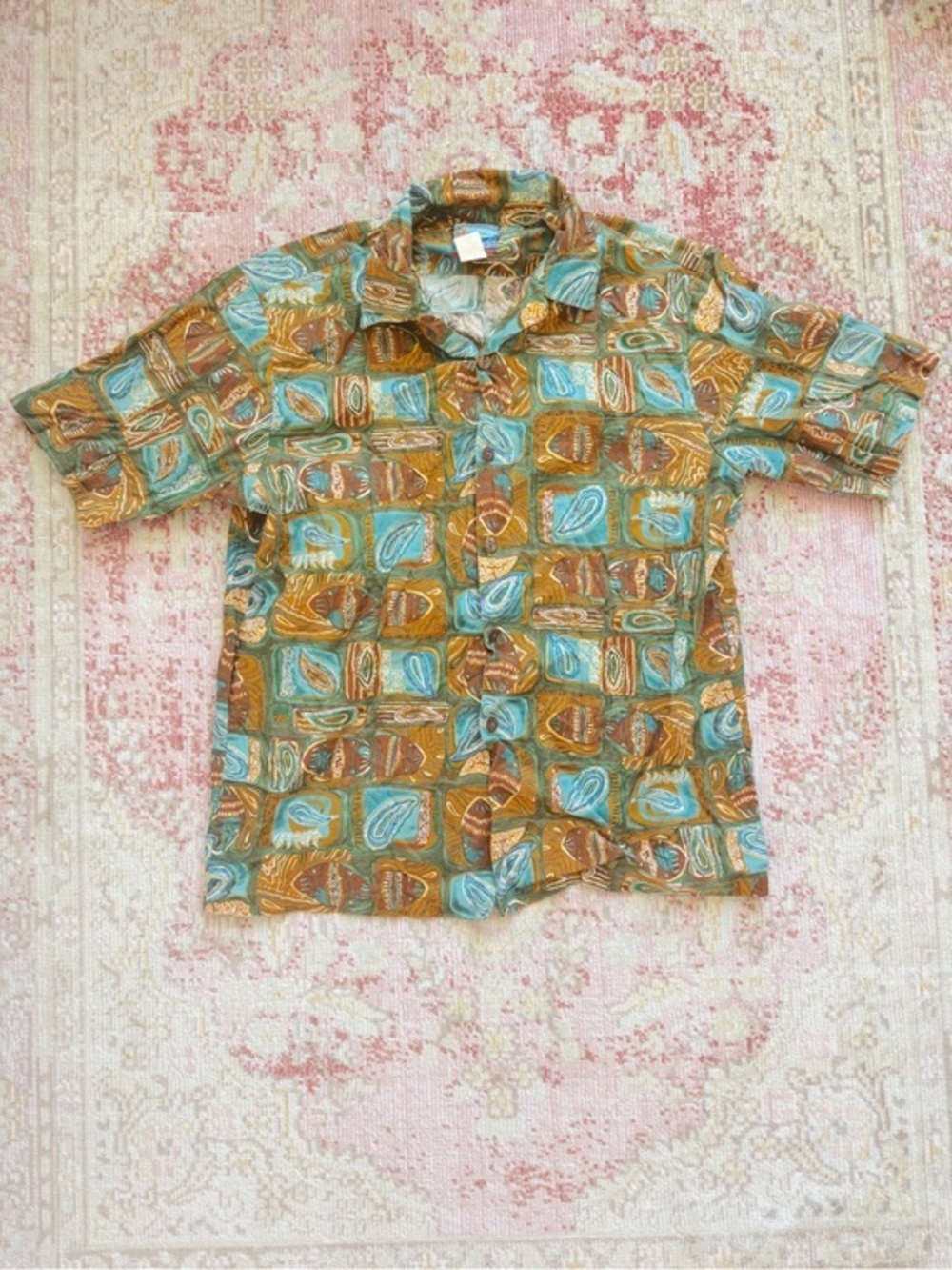 Men's Vintage Short-Sleeve Patterned Button-Up Shirt - Teal & Brown